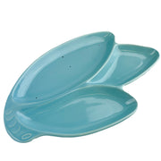 Vintage USA Pottery Leaf Shaped Teal Turquoise Blue Divided Serving Candy Dish 1