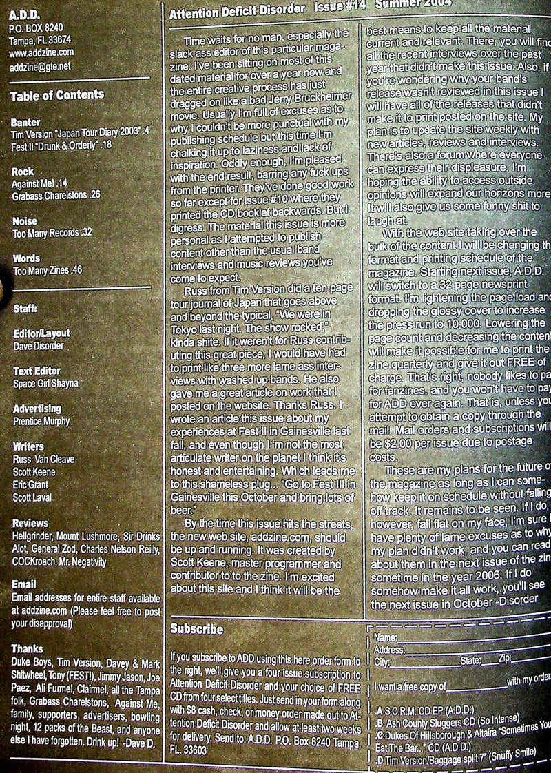 ADD Attention Deficit Disorder Summer 2004 Against Me!, Grabass Charelstons