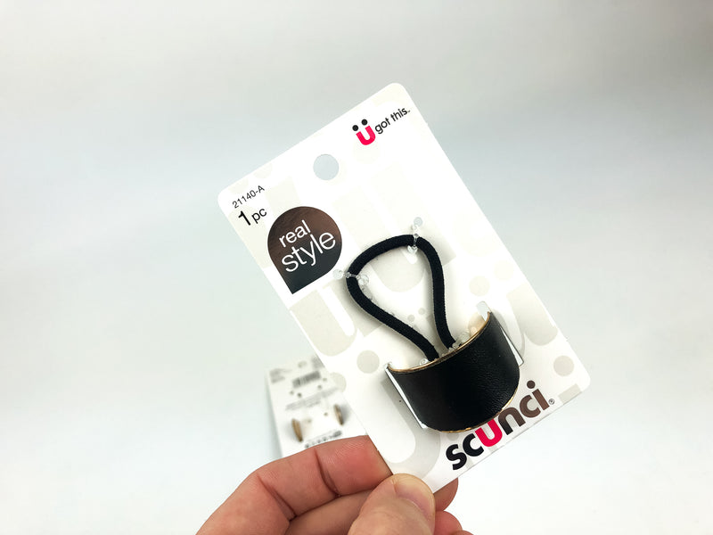 3-PK Scunci Ponytail Holder Faux Leather Dome Plastic Black & Gold Style 21140-A