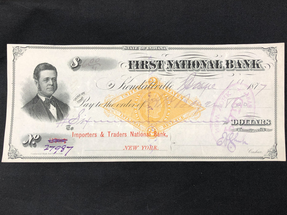 Antique Bank Check Original 1877 First National Bank Indiana 27987 Hole Punched