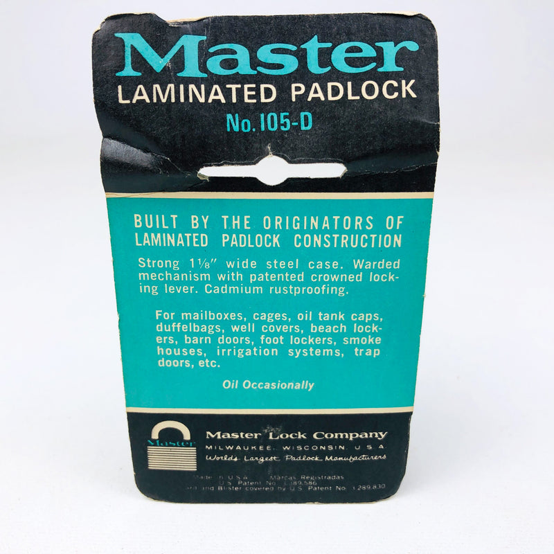 Vintage No 105-D Master Lock Padlock 3/4" Shackle New Old Stock NOS Multi Spring
