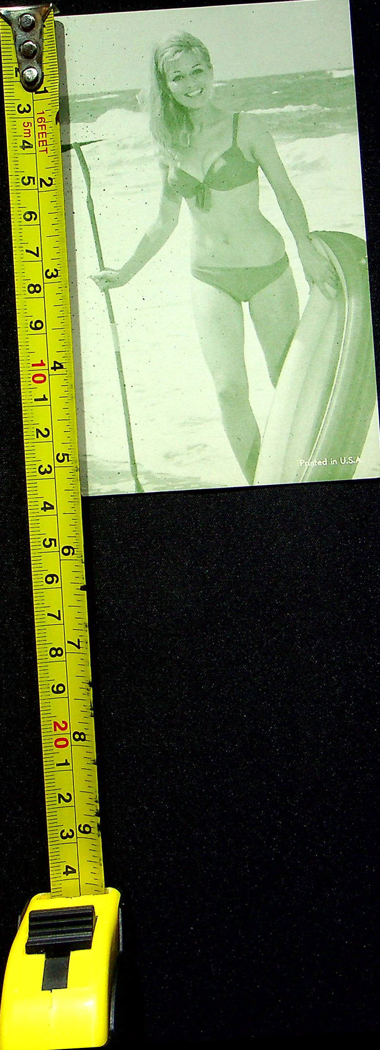 US 50s Pin Up Promo Photo Card Woman Bikini Swimsuit Paddle Board BW Green Tint