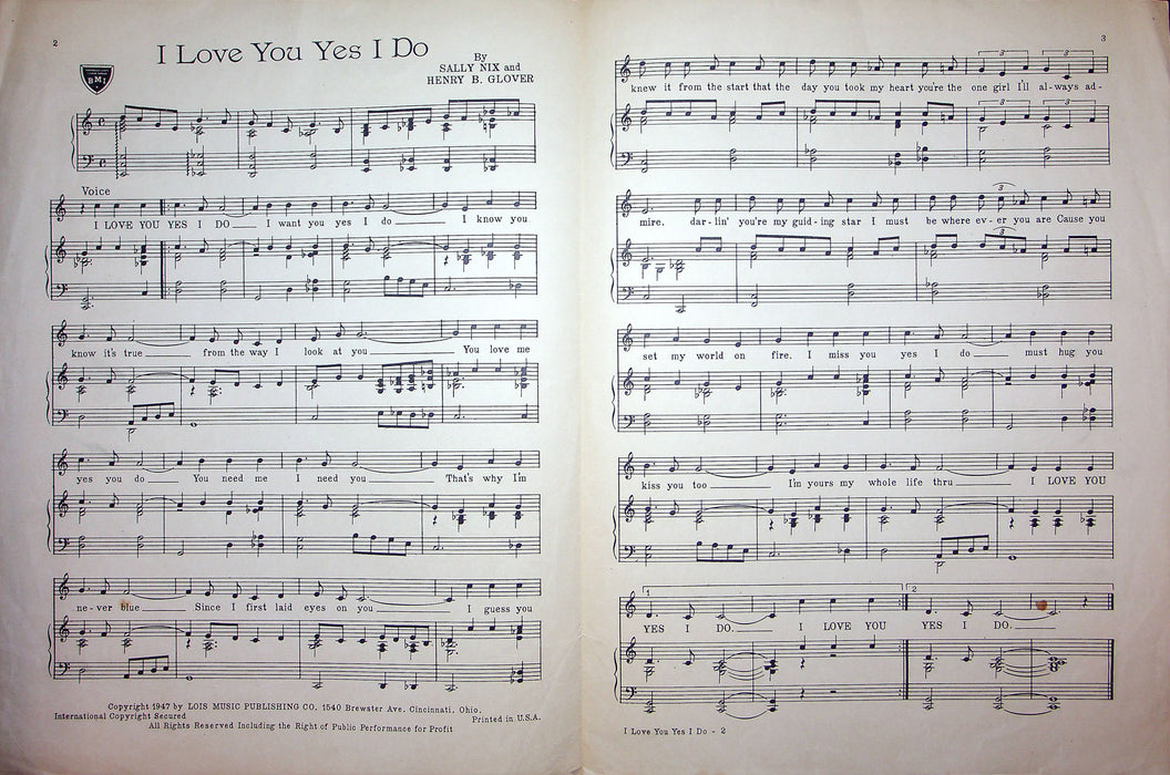 Sheet Music I Love You Yes I Do Sammy Kaye Sally Nix Henry Glover 1947 Lois 2
