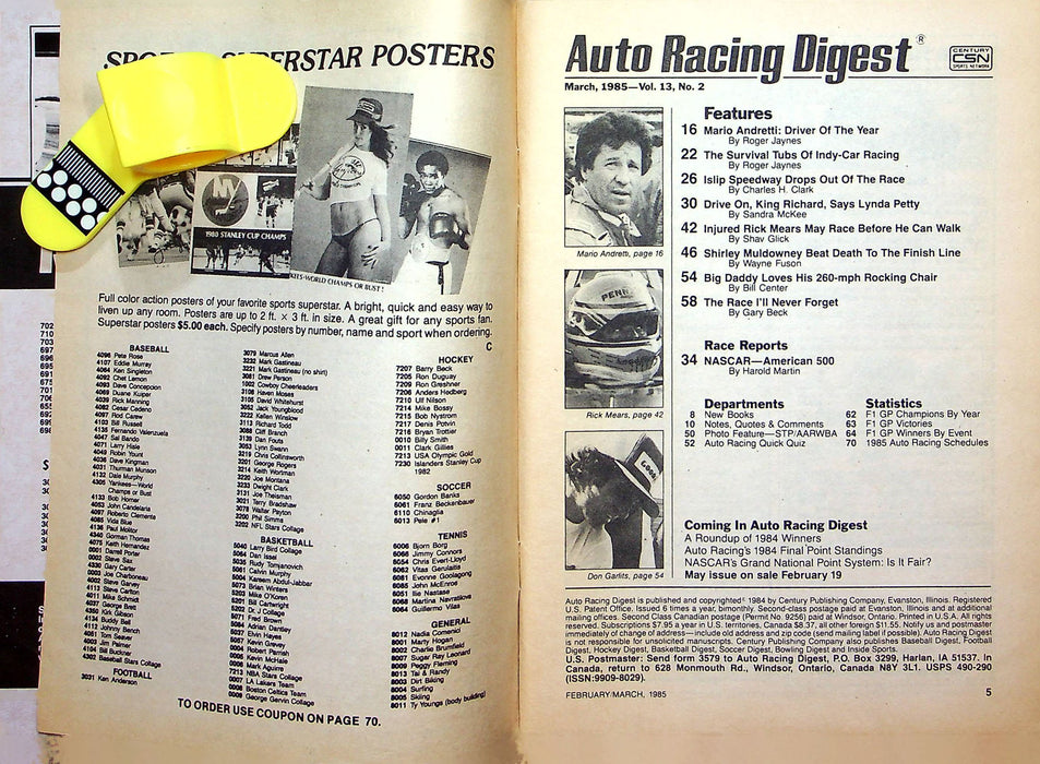 Auto Racing Digest Magazine Mar 1985 Mario Andretti Shirley Muldowney Rick Mears