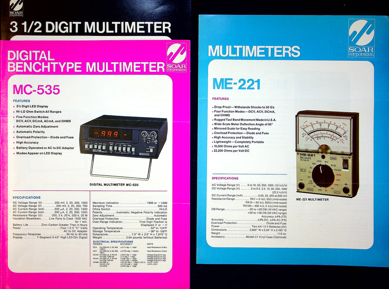 SOAR Multimeter Brochures ME-221, ME-524, MC-535 & More Lot of 3