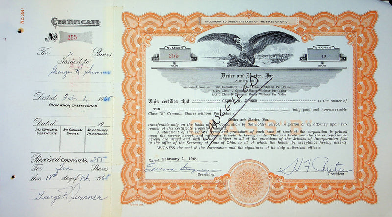 Reiter Dairy Company Stock Certificate Bond Scripophilly Akron Ohio 1965 No 255