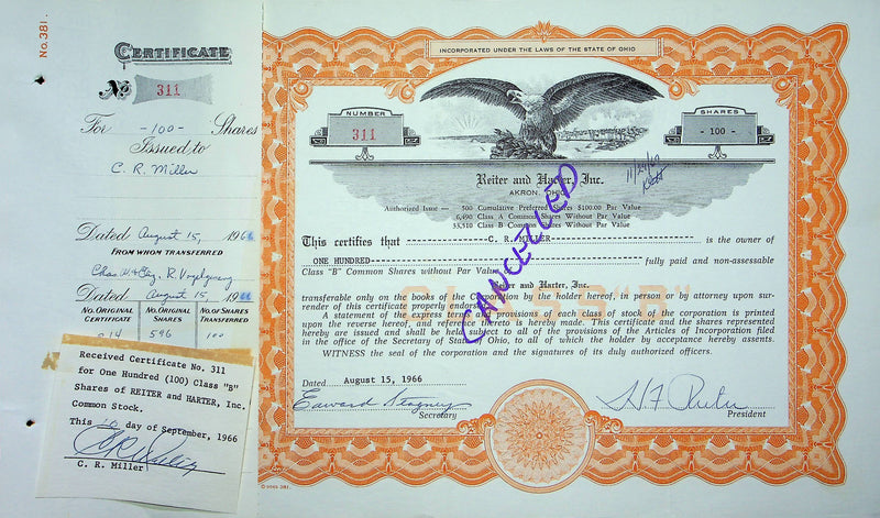 Reiter Dairy Company Stock Certificate Bond Scripophilly Akron Ohio 1966 No 311