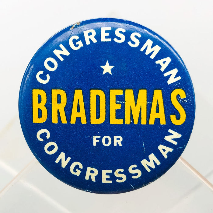 Congressman John Brademas Button Pin 1.25" Indiana Politician Campaign Blue 8
