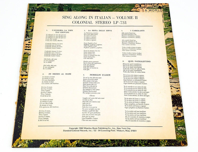 Sing Along in Italian Vol 2 Record 33 RPM LP COL-ST-731 Colonial 7