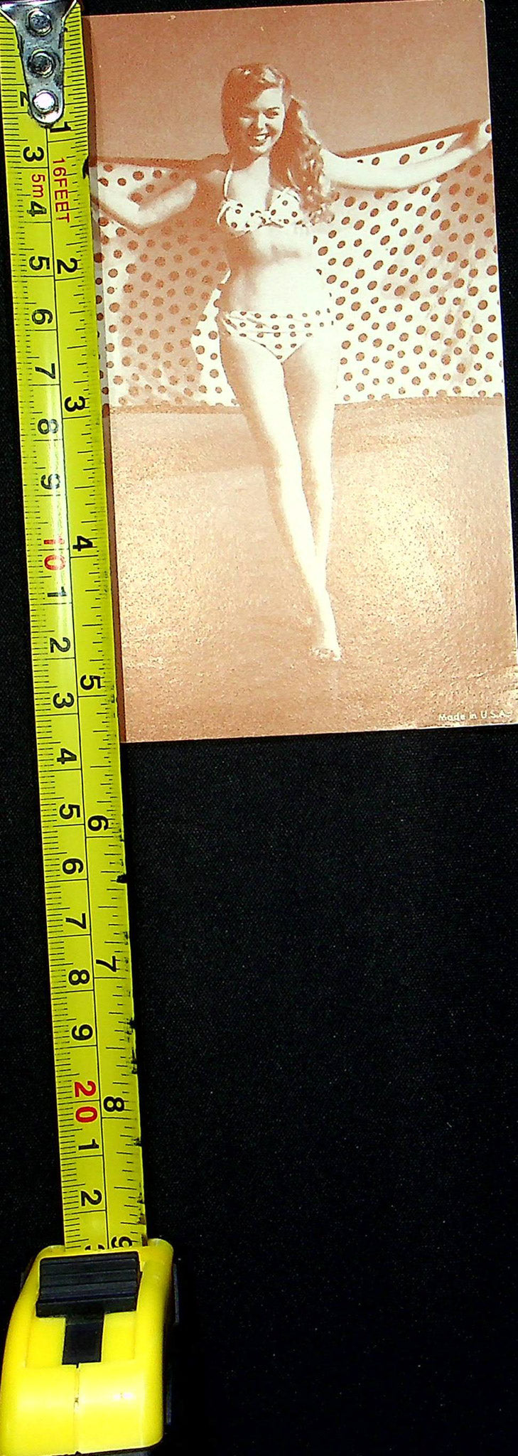 US 50s Pin Up Promo Photo Card Woman Bikini Swimsuit Polka Dot Print Towel Beach