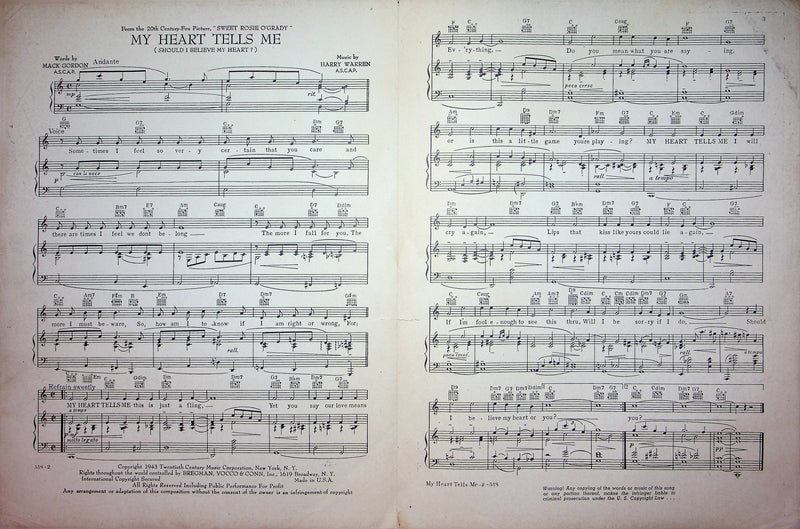 My Heart Tells Me Sheet Music Harry Warren Mack Gordon 1943 Sweet Rosie OGrady 2