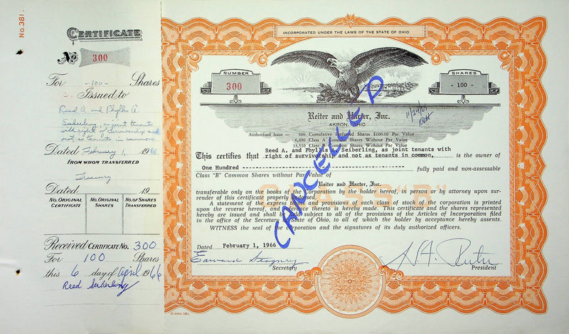 Reiter Dairy Company Stock Certificate Bond Scripophilly Akron Ohio 1966 No 300