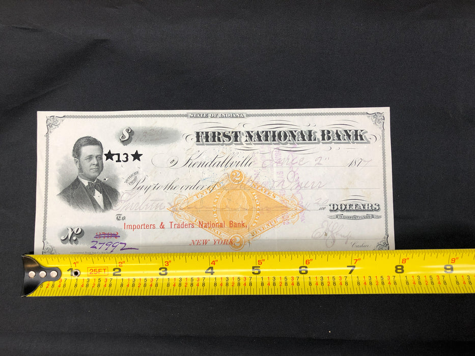 Antique Bank Check Original 1877 First National Bank Indiana 27992 Hole Punched