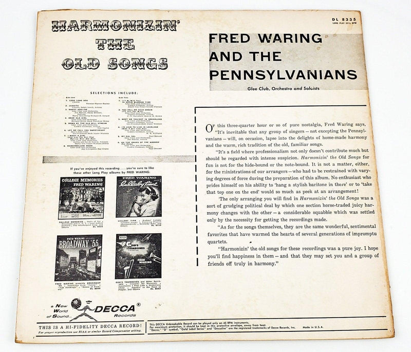 Fred Waring Harmonizin' The Old Songs Record LP DL 8335 Decca 2