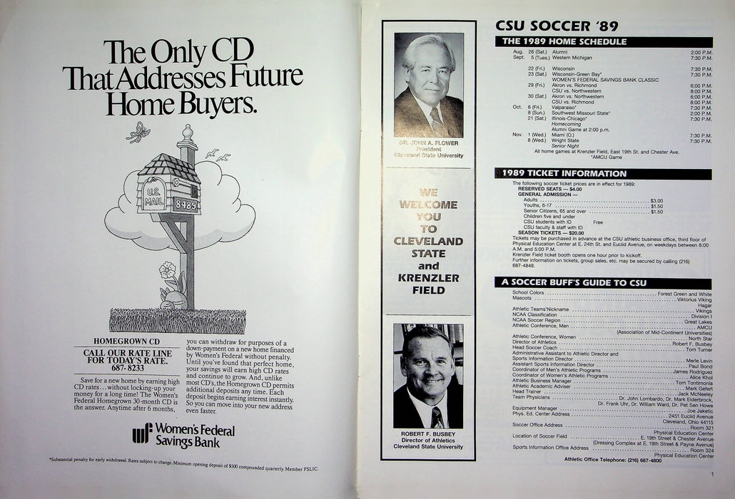 1989 Cleveland State Soccer Program Womens Federal Savings Bank Classic Photo