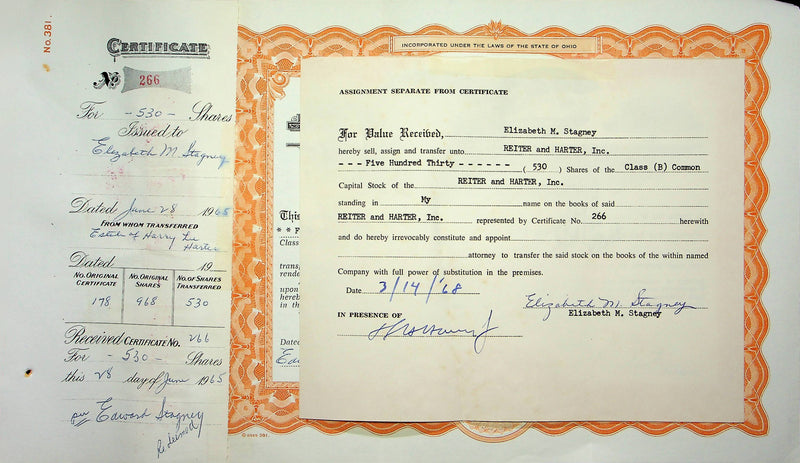 Reiter Dairy Company Stock Certificate Bond Scripophilly Akron Ohio 1965 No 266