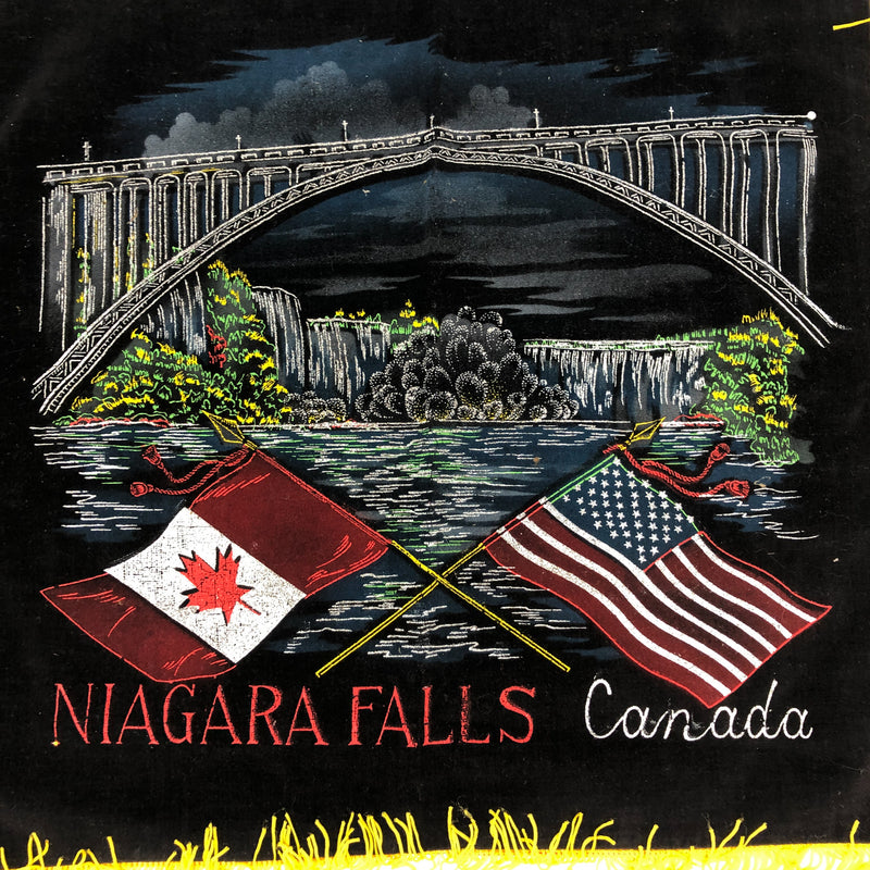 Vintage Niagara Falls Pillow Cover Velvet Souvenir Fringed Cloth Ontario Canada