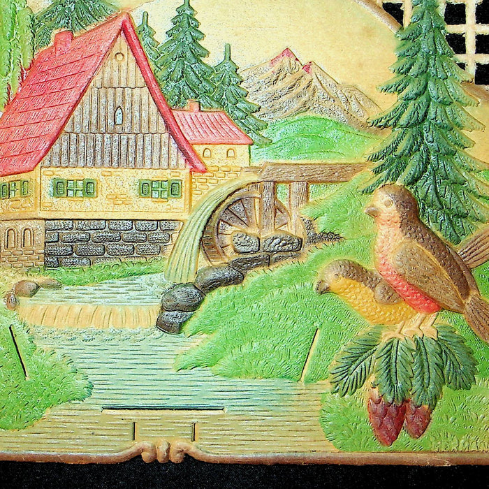 Embossed German Cardboard Die Cut Lithograph Summer Cottage Waterwheel 2 Pieces