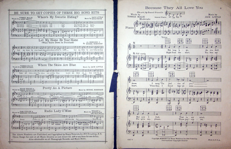 Sheet Music Because They All Love You Tommie Malie Jack Little 1924 Piano Song 2