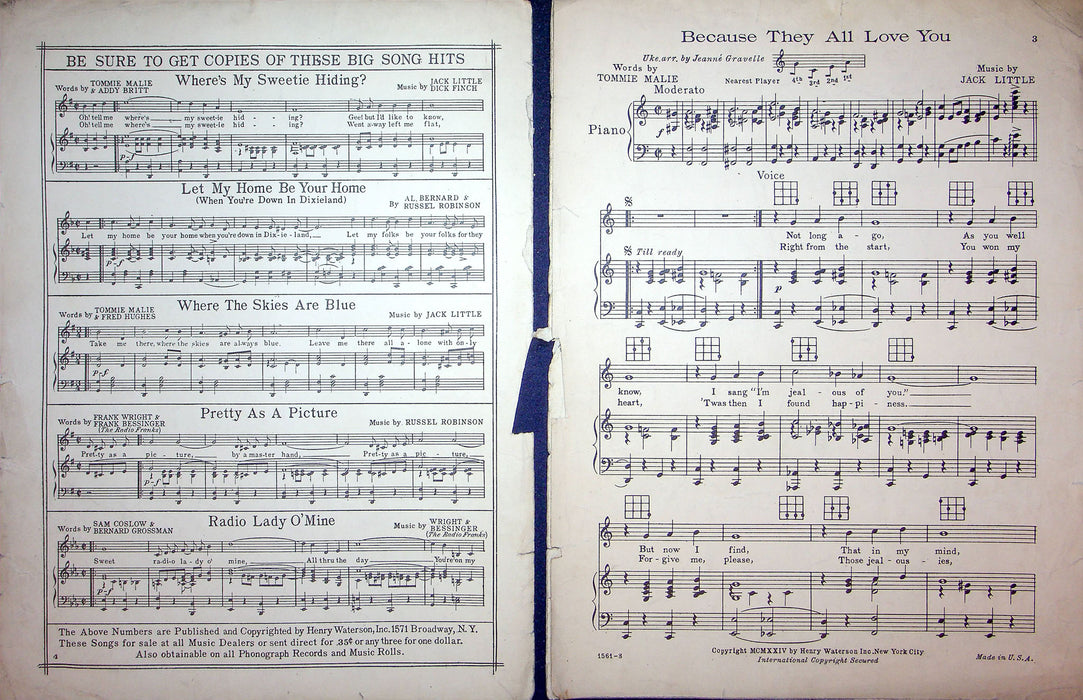 Sheet Music Because They All Love You Tommie Malie Jack Little 1924 Piano Song 2