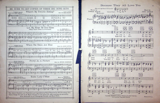 Sheet Music Because They All Love You Tommie Malie Jack Little 1924 Piano Song 2