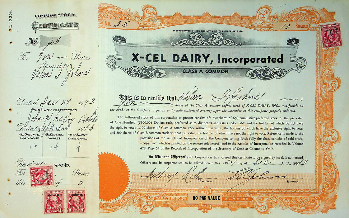 X-Cel Dairy Company Stock Certificate Bond Scripophilly Akron Ohio 1943 No 25