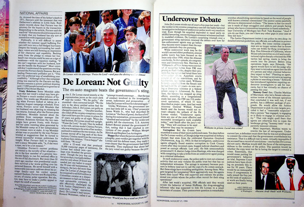 Newsweek Magazine August 27 1984 Ferraro Finances De Lorean Not Guilty Cocaine