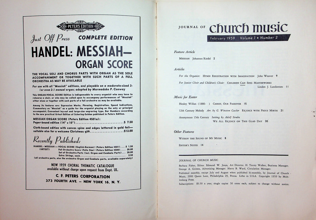 Journal of Church Music Magazine Feb 1959 Messiah Johannes Riedel Easter Music 3