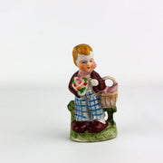 Occupied Japan Little Boy Plaid Pants w/ Basket & Flower Bouquet 3.5 Inches 1