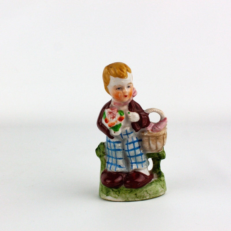 Occupied Japan Little Boy Plaid Pants w/ Basket & Flower Bouquet 3.5 Inches 1