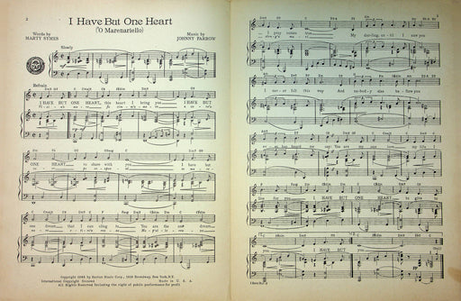 Vintage Sheet Music I Have But One Heart Johnny Farrow Marty Symes 1945 Love 2