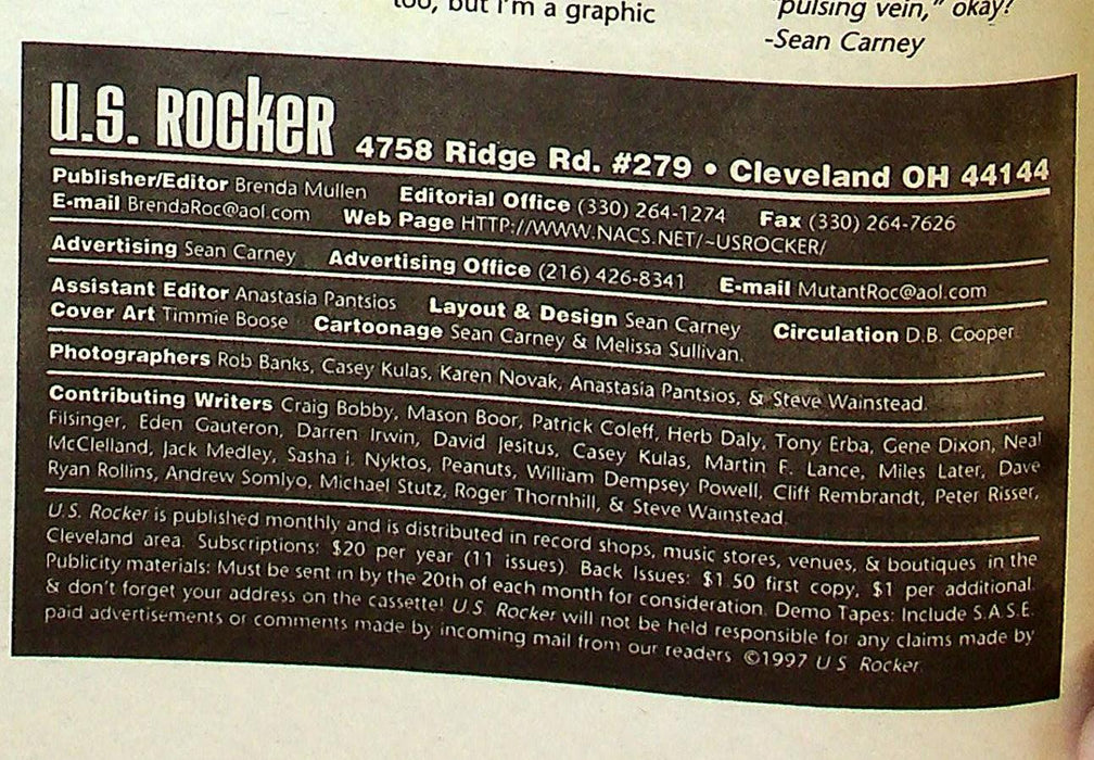 U.S Rocker Magazine Vol 8 No.10 1997 Emperor, Punk Rock Cheese Factory