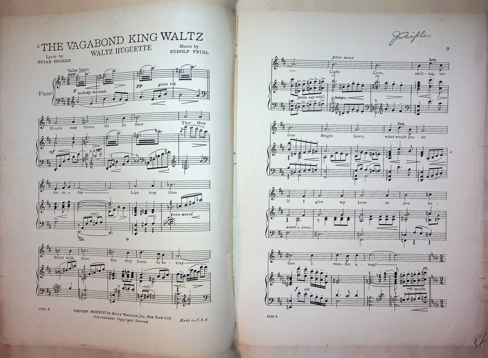 The Vagabond King Waltz Sheet Music Rudolf Friml Piano Vocal Musical 1926 2