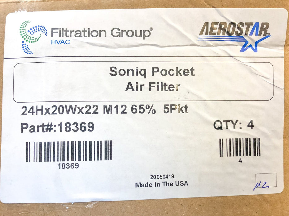 5-Pocket Air Filter 24H x 20W x 22 Merv 12 65% Aerostar Soniq #18369 Qty 4 5