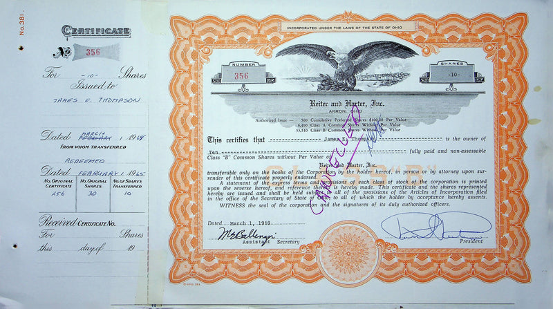 Reiter Dairy Company Stock Certificate Bond Scripophilly Akron Ohio 1969 No 356