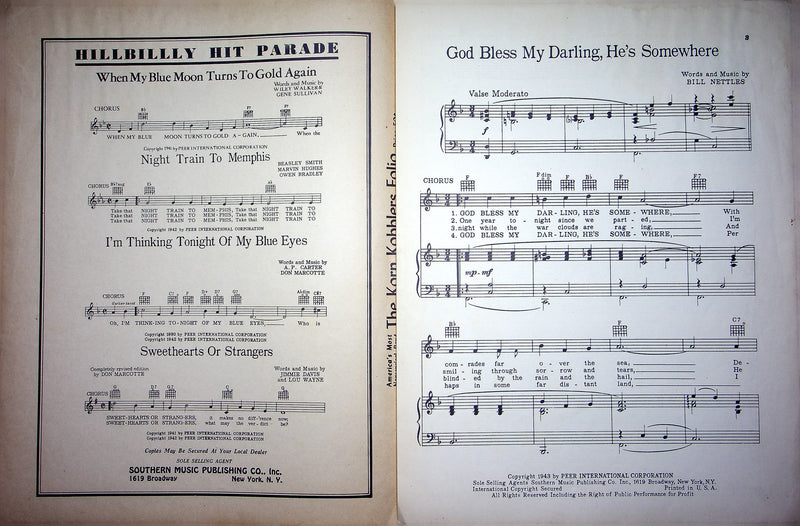 Vintage Sheet Music God Bless My Darling He's Somewhere 1943 Bill Nettles WW2 3