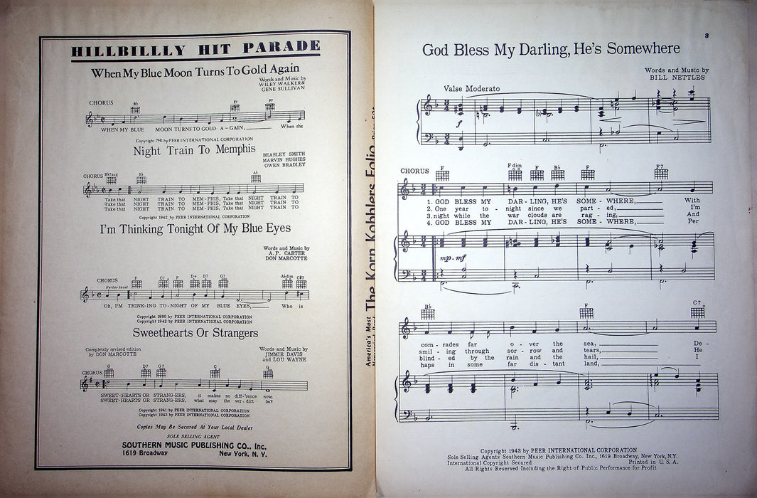 Vintage Sheet Music God Bless My Darling He's Somewhere 1943 Bill Nettles WW2 3