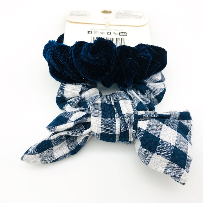 4-Piece Scunci Headband Head Bands Scrunchies Lot Hair Ties Blue Checkered Silk
