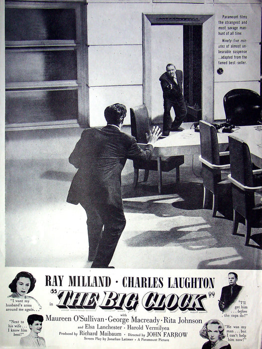 1948 The Big Clock Movie Print Ad Ray Milland & Marueen O'Sullivan 13"x10"