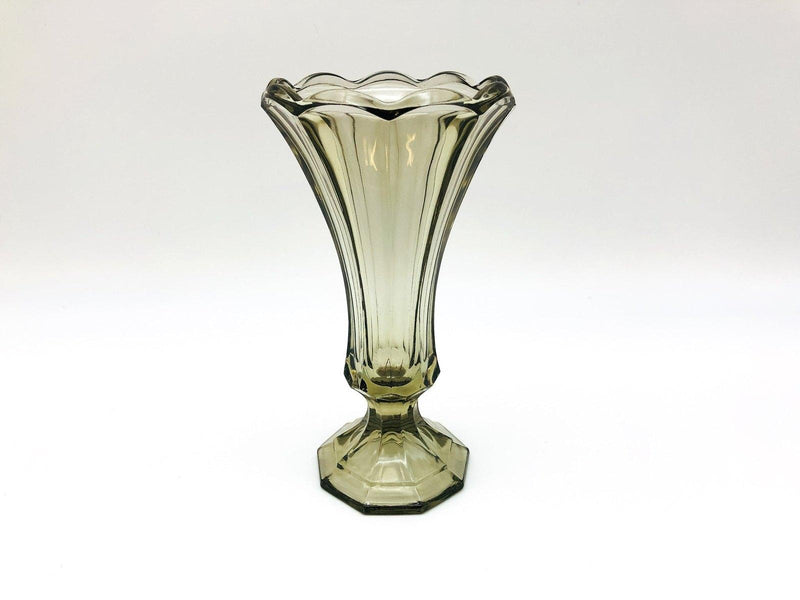 Vintage Gray Glass Vase 7" Pressed Smokey Black Tint Footed Flared Top 5