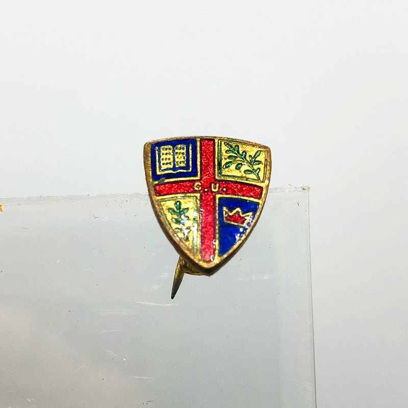 Vintage Coat Of Arms Lapel Pin H W Miller C. U. Initials Book Crown Olive Branch
