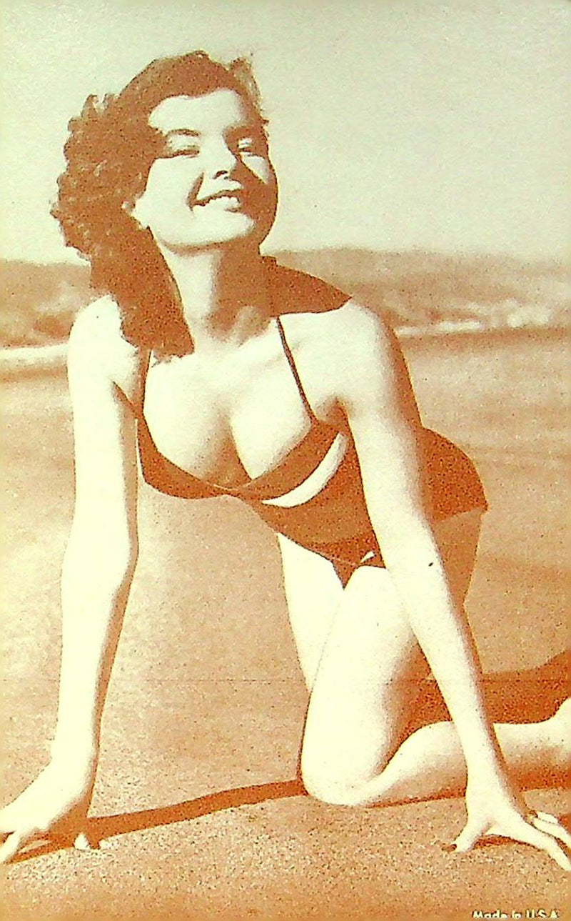 US 50s Pin Up Promo Photo Card Woman Model Bikini Swimsuit Crawling Beach BW