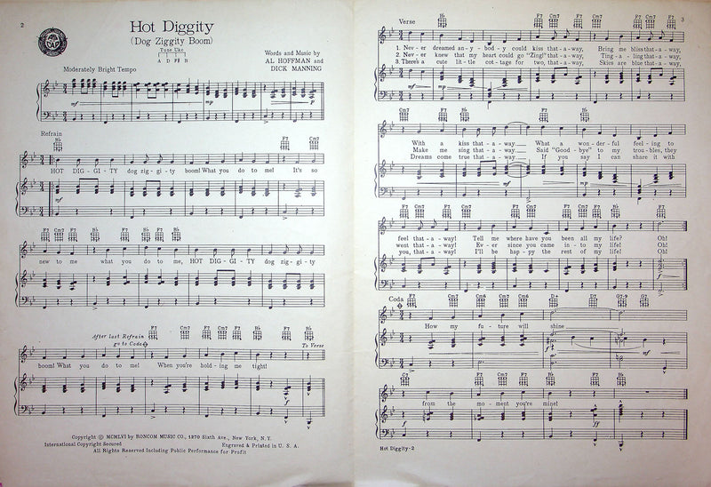 Sheet Music Hot Diggity Dog Ziggity Boom Perry Como Al Hoffman Dick Manning 1956 2