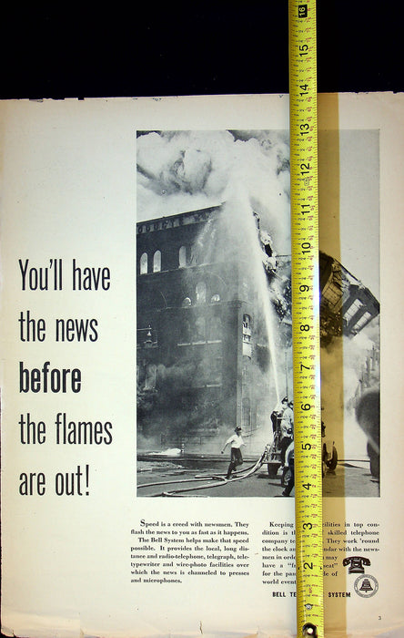 1947 Bell Telephone System Ad You'll Have News Before Flames Are Out 14"x10"