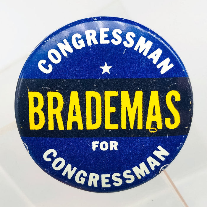 Congressman John Brademas Button Pin 1.25" Indiana Politician Campaign Blue 1
