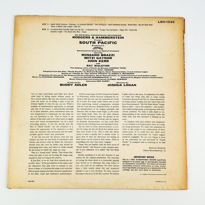 Rodgers & Hammerstein's South Pacific Record 33 RPM LP LSO-1032 RCA 1958 2