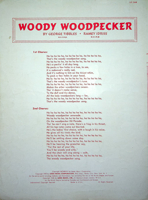 Vintage Sheet Music Woody Woodpecker Kay Kyser 1948 Walter Lantz Cartoons 2