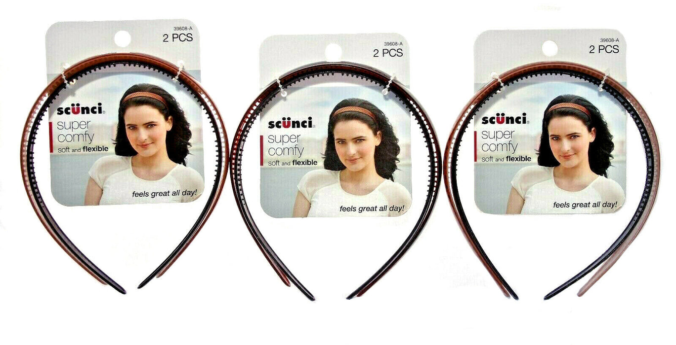 6PK Scunci Plastic Headband/Hairband Super Comfy Plastic Wide Soft and Flexible