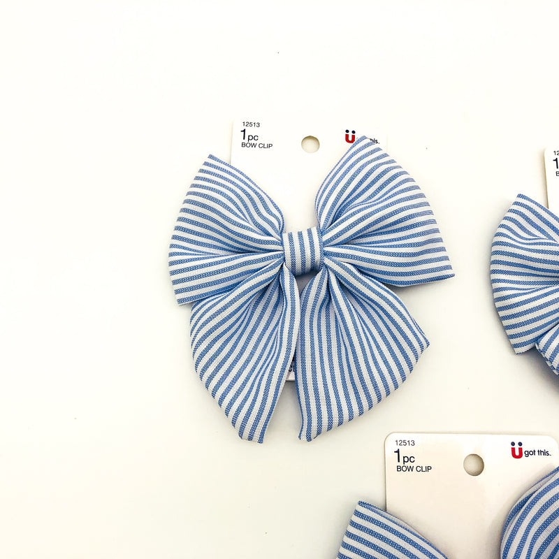 3-Piece Scunci Bow Hair Clip Blue Striped Lightweight Large Summer Wear 12513
