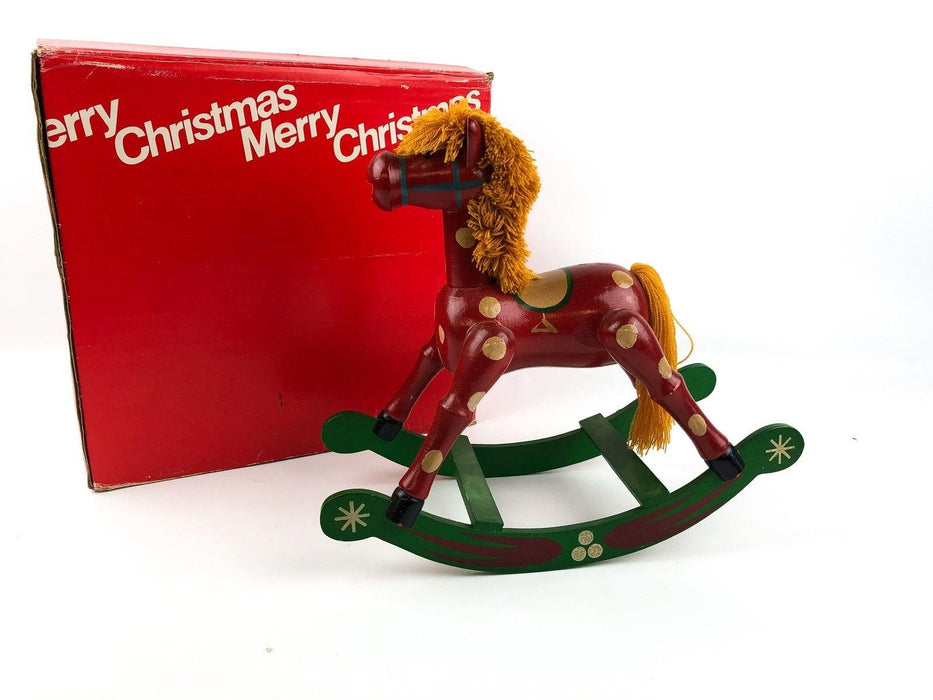 Vintage Wooden Rocking Horse Christmas Holiday Red Green 10.5" Hand Painted Box 1